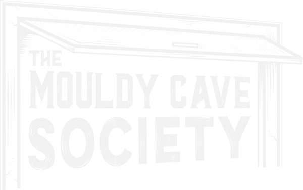 The Mouldy Cave Society black and white logo with the band name written inside an open garage