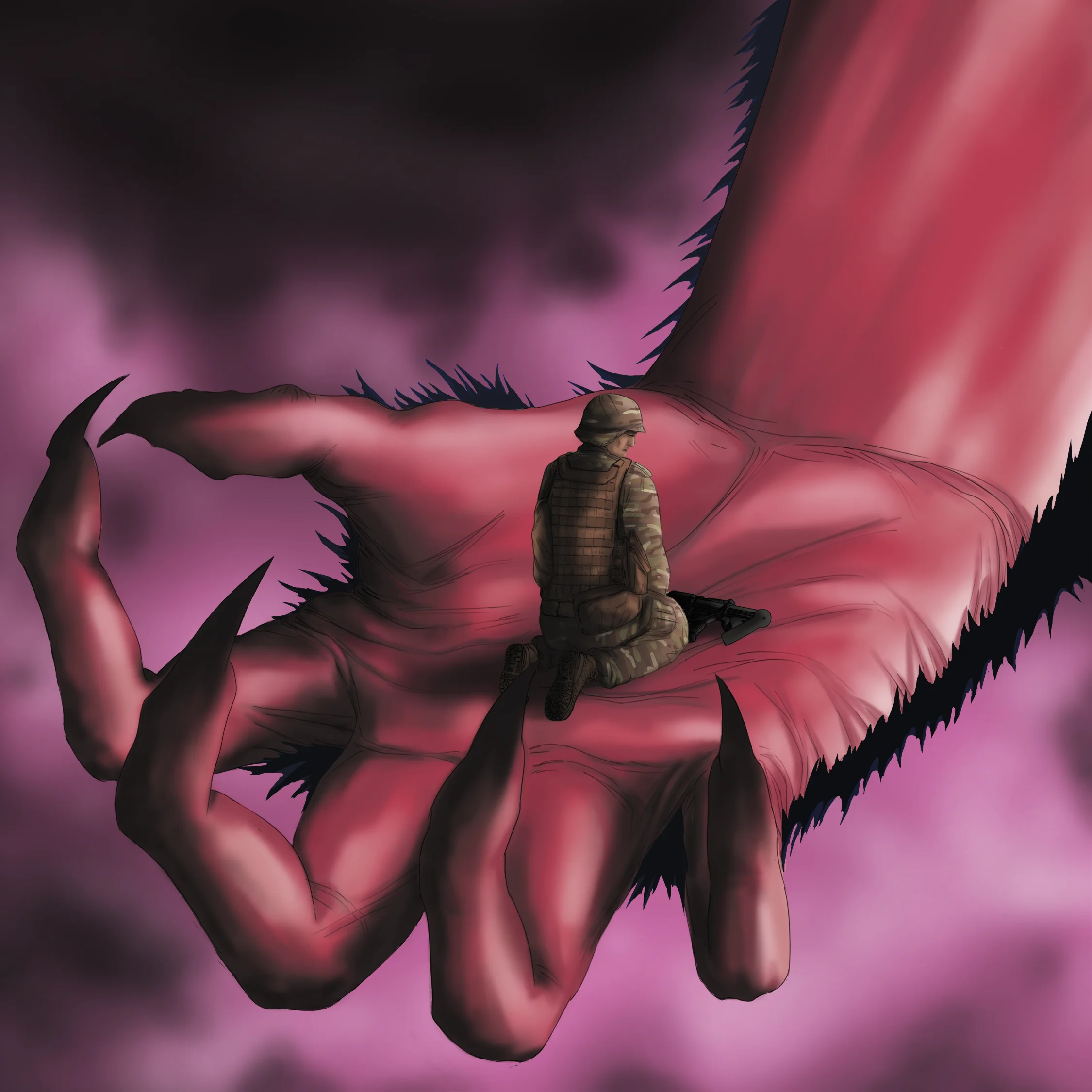 Artwork made by João Brandão for Stop Marching by The Mouldy Cave Society, featuring a demonic hand reaching toward a kneeling soldier